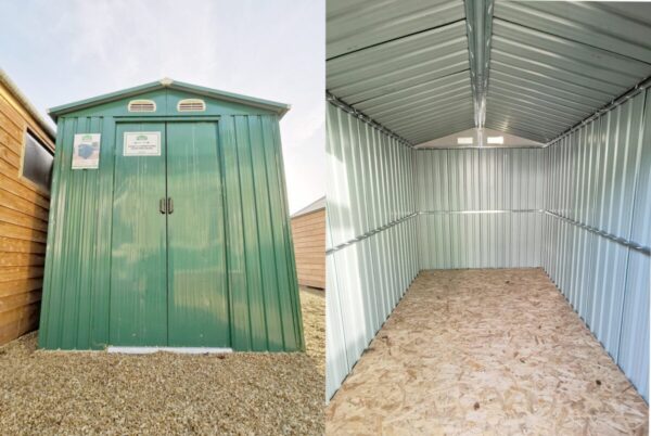 two photos side by side, the one of the left is a low, wide angled view of the 6x9 steel shed. It's a shiny, dark green and the vents and sliding doors are visible. The doors are closed and the sky is beautiful above it. The photo on the right is an internal view of the shed. It's all grey, save for the floor which is a meshed looking plywood.
