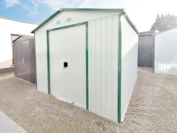 A 45 degree external view of the white-grey 9ft x 10ft steel garden shed