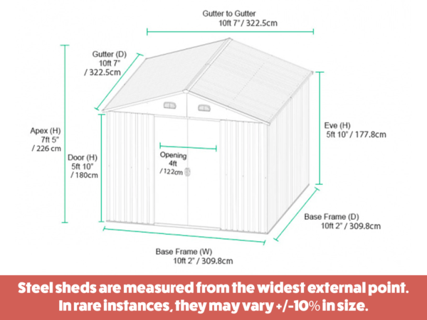 the dimensions of the 10 foot x 10 foot steel garden shed