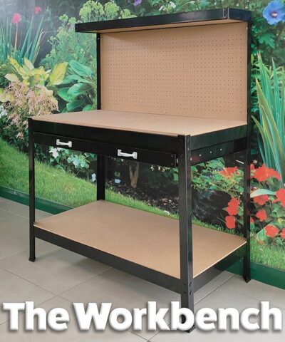 The black, powder-coated workbench with ply backing board against a green wall. Text on the image reads 'the workbench'