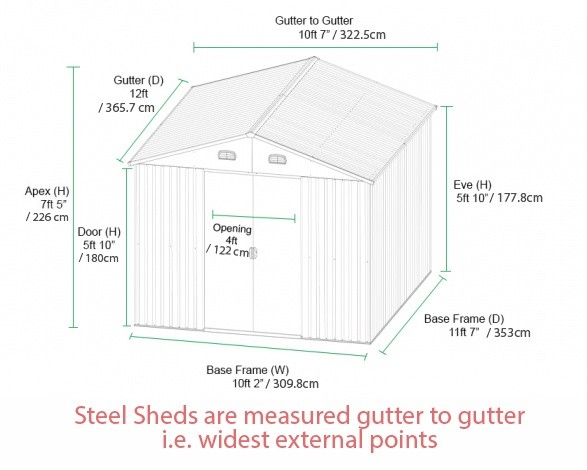 A diagram of the 10ft x 12ft shed showing the measurements of every aspect of the shed. There are a dozen or so sizes here. If you are visually impaired and would like us to read these out to you, call us! We're at 018644247