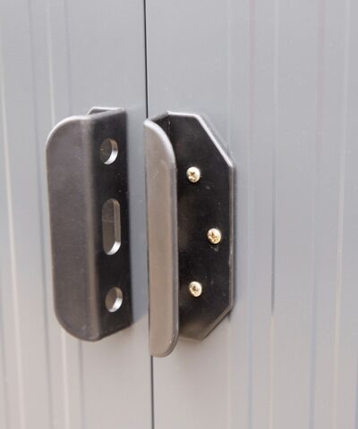 The sliding door handles on the steel shed