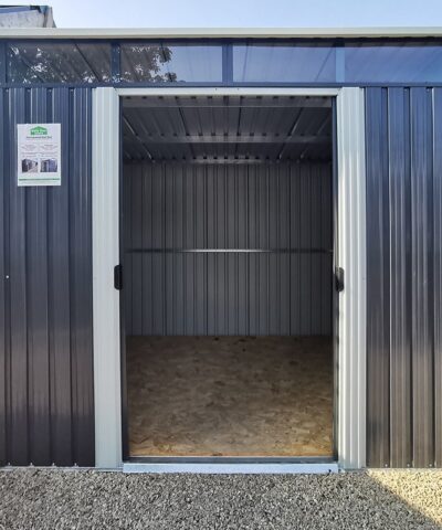 And outside view of the steel pent shed with the doors open