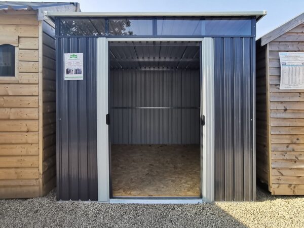 And outside view of the steel pent shed with the doors open