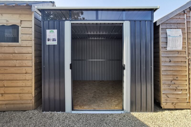 And outside view of the steel pent shed with the doors open