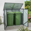Two Bin store from sheds direct ireland seen with the front two doors open and two wheelie bins inside