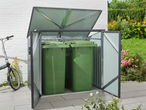 Two Bin store from sheds direct ireland seen with the front two doors open and two wheelie bins inside