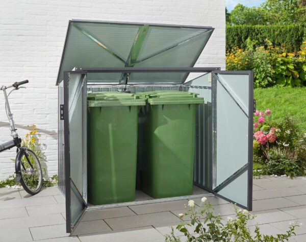 Two Bin store from sheds direct ireland seen with the front two doors open and two wheelie bins inside
