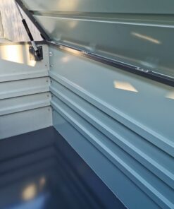 The inside of the 400L Garden Storage Box from Sheds Direct Ireland. It is grey with a three-striped interior design