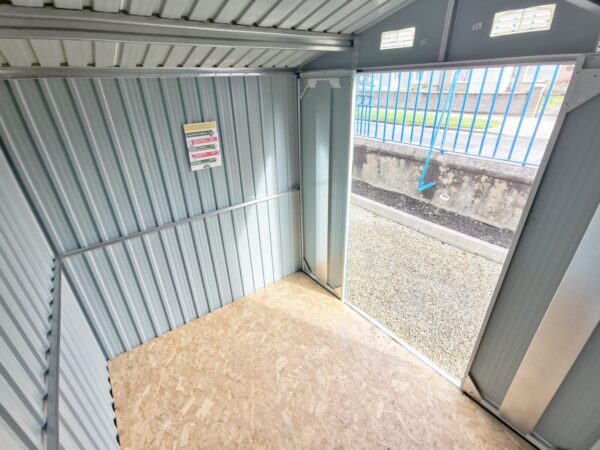 an internal view of the 8ft x 6ft steel garden shed looking outwards