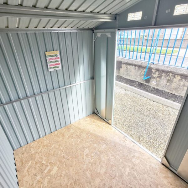 an internal view of the 8ft x 6ft steel garden shed looking outwards