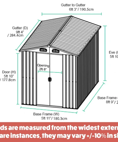 The full dimensions of the 6ft wide x 9ft deep steel shed