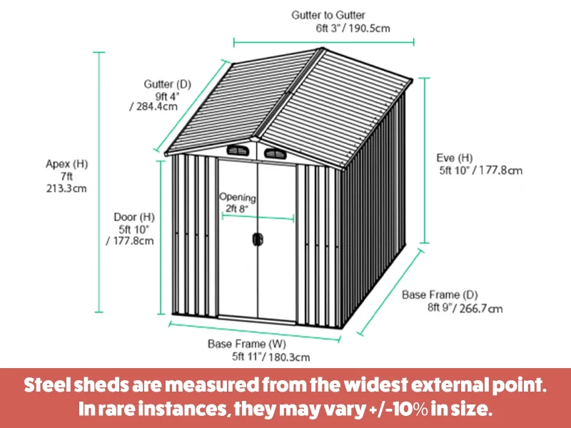 The full dimensions of the 6ft wide x 9ft deep steel shed