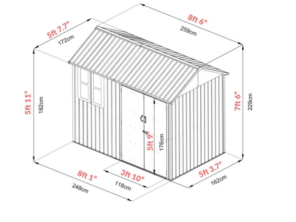 Dimensions of the Steel Shed. It's 7ft 6 inches tall, 8 foot 6 inches wide, 5ft 7.7 inches deep and the door is 5 foot 9 inches tall. The door opens to 3 foot 10 inches too.