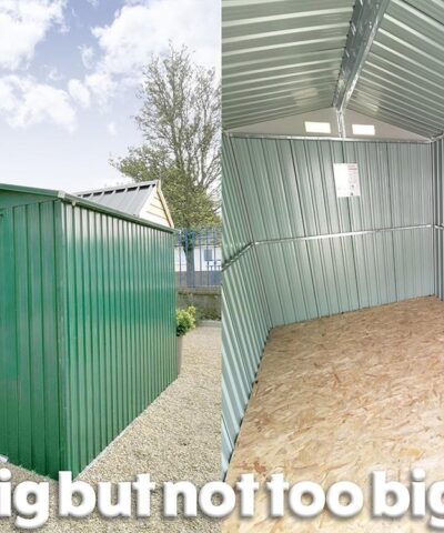A diptych with the photo on the left showing the external view of the 6x9 garden shed. The photo on the right shows inside it. Inside it has grey walls and a golden coloured plywood floor. Text overlaid onto the image reads 'big but not too big!'