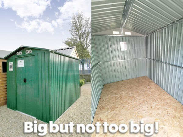 A diptych with the photo on the left showing the external view of the 6x9 garden shed. The photo on the right shows inside it. Inside it has grey walls and a golden coloured plywood floor. Text overlaid onto the image reads 'big but not too big!'