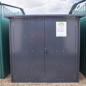 steel bike storage from sheds direct ireland. It is grey, with two doors, which are both closed. The view is from the front on, so you cannot see the depth.