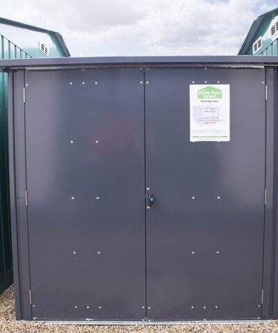 steel bike storage from sheds direct ireland. It is grey, with two doors, which are both closed. The view is from the front on, so you cannot see the depth.