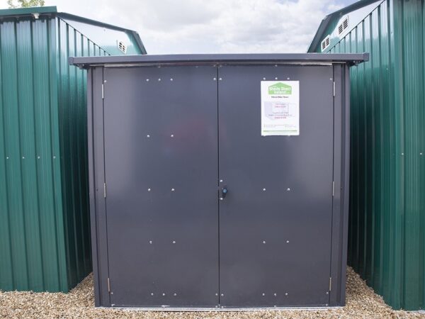 steel bike storage from sheds direct ireland. It is grey, with two doors, which are both closed. The view is from the front on, so you cannot see the depth.