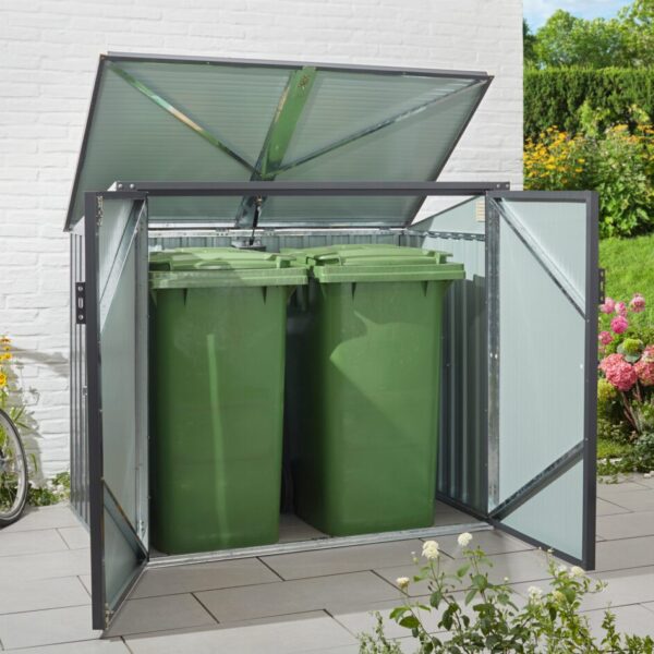 This is a metal bin store container for bins. It can hold two bins. It has a moveable roof and two metal doors which move outwards.