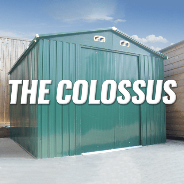 The Colossus Shed on the Sheds Direct Ireland showroom lot. It is tall, green and has a slight shine to it.