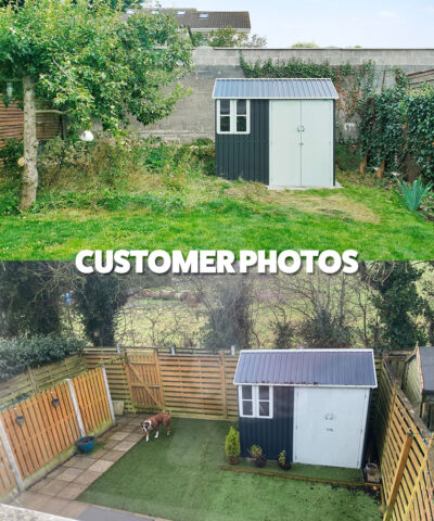 Two customer photos of the cottage garden shed