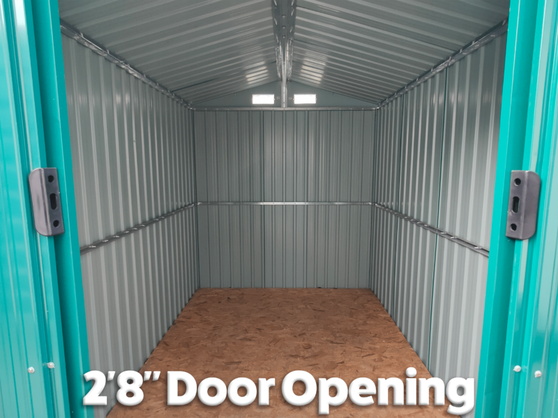 a picture taken from outside the shed looking inwards, with the sliding doors fully open and visible. It reads "2 foot 8 inches door opening" on top of the image