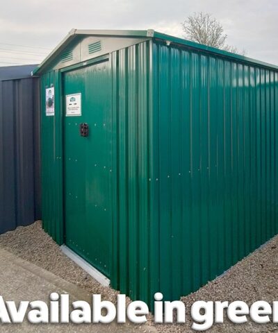 A green stee garden shed with the words 'Available in green!' written on top of the image.