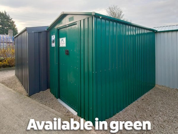 A green stee garden shed with the words 'Available in green!' written on top of the image.