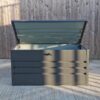 The Garden Storage box from Sheds Direct Ireland with the steel lid open and a partial view of the inside of this large unit.