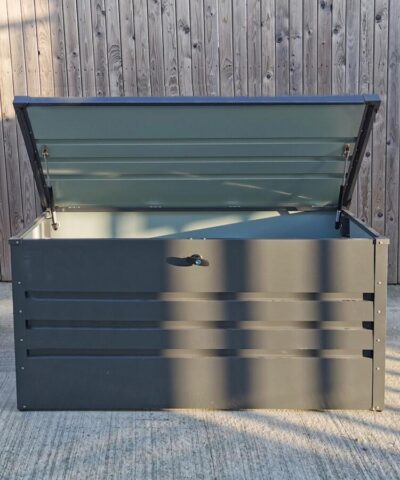 The Garden Storage box from Sheds Direct Ireland with the steel lid open and a partial view of the inside of this large unit.