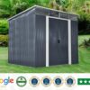 The Steel Pent Shed in a green garden. The shed itself is a dark grey with a light grey frame around the double doors.