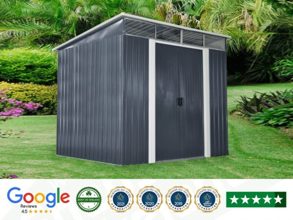 The Steel Pent Shed in a green garden. The shed itself is a dark grey with a light grey frame around the double doors.
