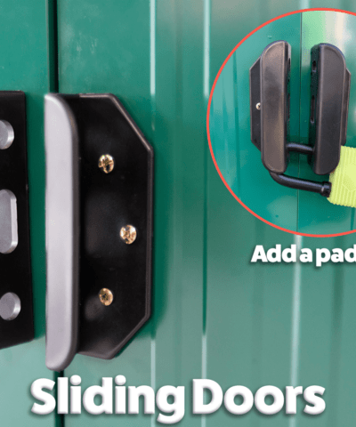 Sliding doors and an inset photo with the dors lock via a lime green padlock