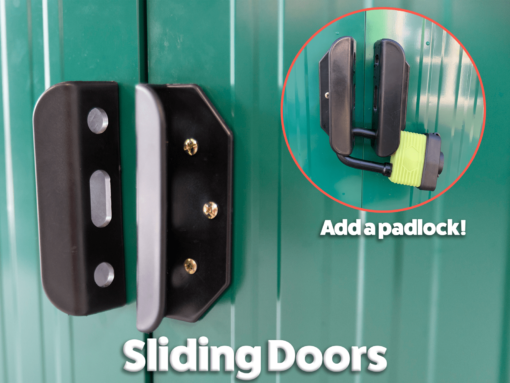 Sliding doors and an inset photo with the dors lock via a lime green padlock