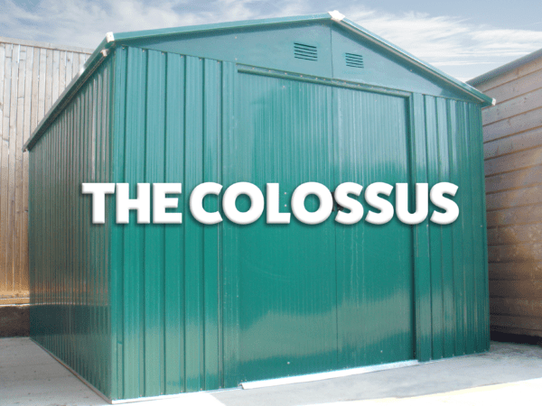 The Colossus Shed on the Sheds Direct Ireland showroom lot. It is tall, green and has a slight shine to it.