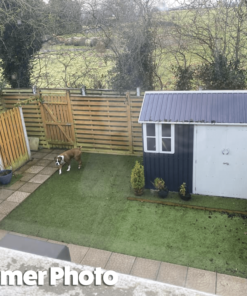 A customers photo of the small cottage shed, with a bulldog to the left of it.