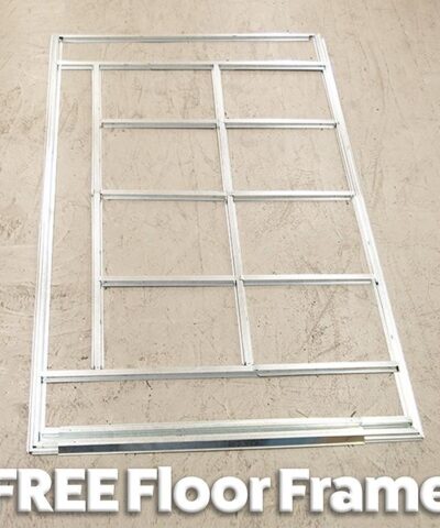 The metal floor frame for the shed on it's own, without the rest of the shed. Text on the image reads 'FREE Floor Frame'