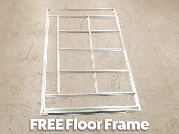 The metal floor frame for the shed on it's own, without the rest of the shed. Text on the image reads 'FREE Floor Frame'