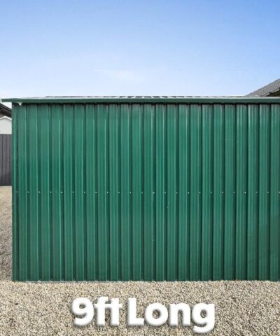 the side view of the 6ft x 9ft steel garden shed in green. It reads '9ft long' in white text under the shed