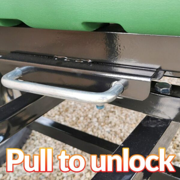 The pull bar on the back of the bucket on the 250L tip cart. It's a shiny silver colour and connected to the black metal bar which grips the bucket itself. It reads 'pull to unlock' on the image.