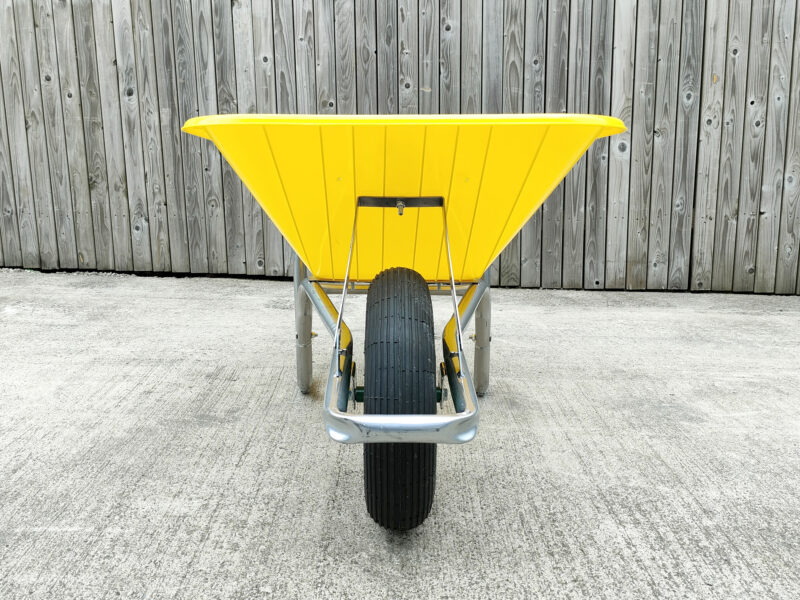 A front view of the yellow wheelbarrow