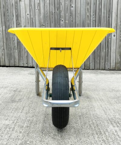 A front view of the yellow wheelbarrow