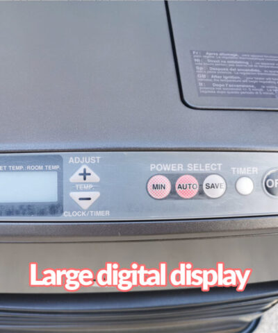 The digital display on the powerful heater, kero 4600. There is a led display which is pale and inactive currently on the left. There are arrow temperature controls in white and two red buttons beide them. One red button says 'min', the other says 'auto'. The white button to the right of these says 'save' and a small almost pearlescent button beside this says 'timer'. There is a large black 'off button' on the far right also.