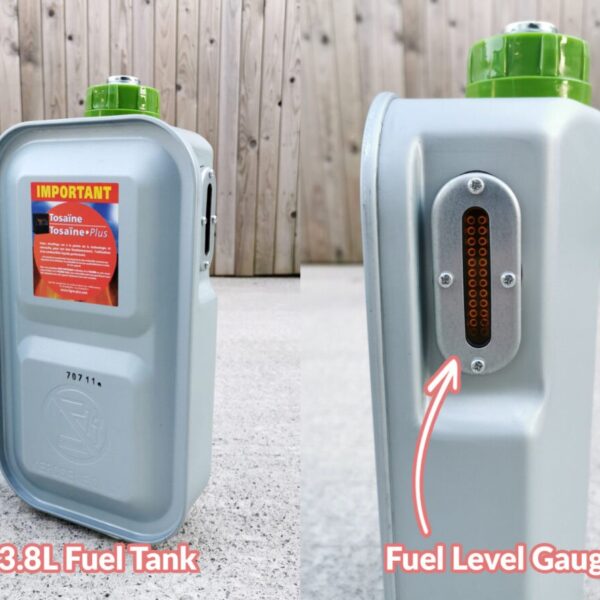 Details on the fuel tank. It shows the 3.8L capacity highlighted and there is a smaller photo which shows the fuel gauge to the side.