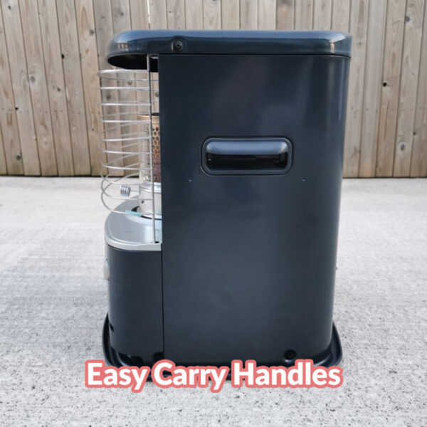 A side view of the heater which highlights the easy carry handle