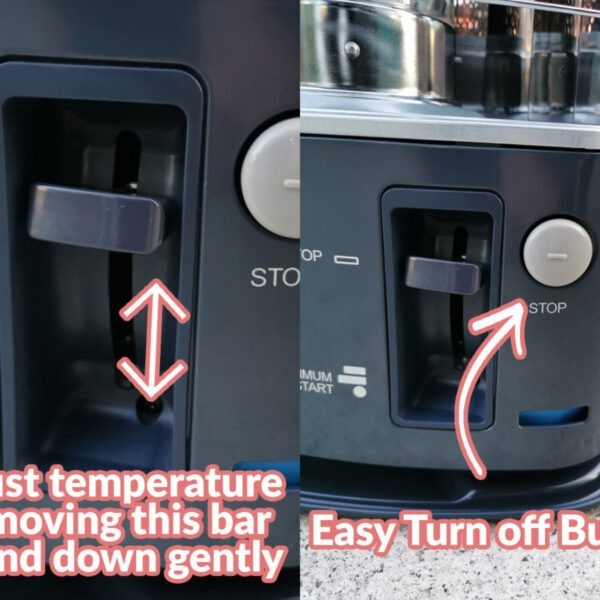 2 Photos side by side which show how to control the temperature and how to ignite the heater. It alos shows the large grey button which turns off the heater.