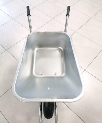 An above view of the Steel Wheelbarrow. The barrow is polished grey steel and the wheels and rubber hand guards are matching black.