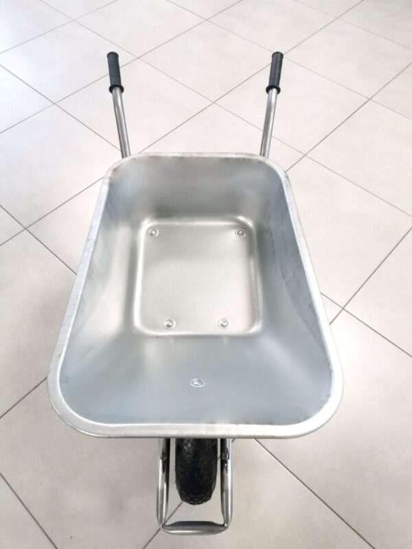 An above view of the Steel Wheelbarrow. The barrow is polished grey steel and the wheels and rubber hand guards are matching black.