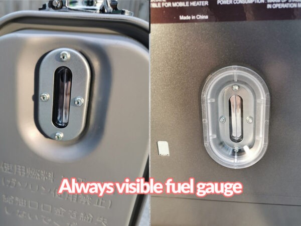 The fuel gauge on the kero 4600 paraffin heater. It is visible on the tank when taken out of the heater, or in the photo to the right - through the clear display on the body of the heater's unit.